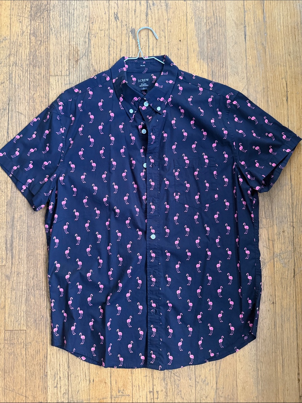J. Crew Navy Short-Sleeve Button-Down Shirt with Pink Flamingo Print